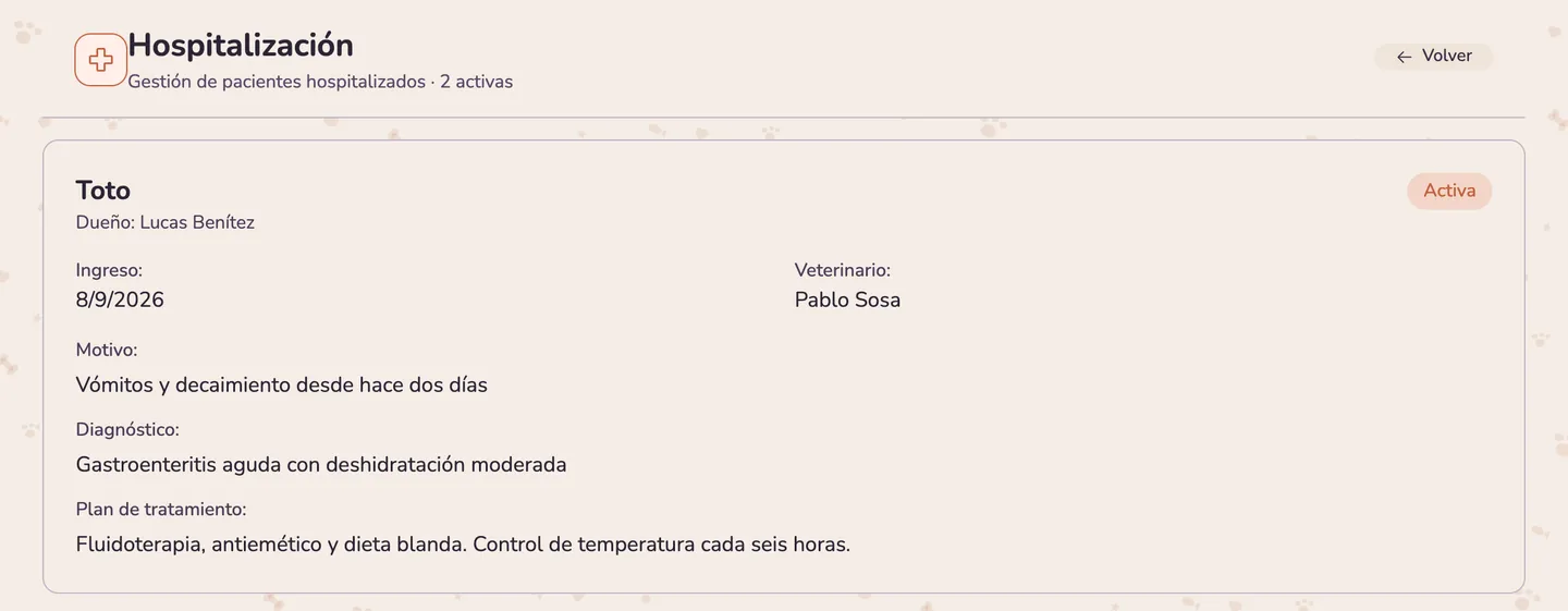 La internación veterinaria en meltolify pet, con la ficha de Toto: el responsable, la fecha de ingreso, el veterinario, el motivo, el diagnóstico de gastroenteritis y el plan de tratamiento, con la internación marcada como activa.