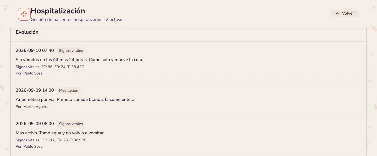 La evolución de un paciente internado en meltolify pet, ordenada por fecha y hora: dos registros de signos vitales con la frecuencia cardíaca, la respiratoria y la temperatura, y uno de medicación, cada uno con el veterinario que lo cargó.